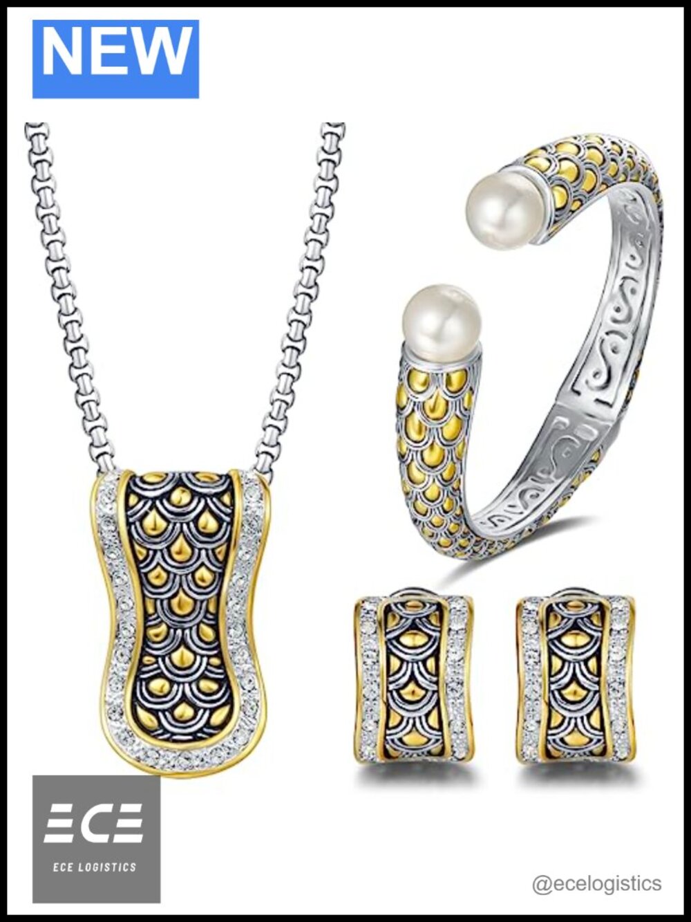 UNY JEWEL Two Tone Dragon Scale Pendant Necklace French Clip Earring Bangle Set
